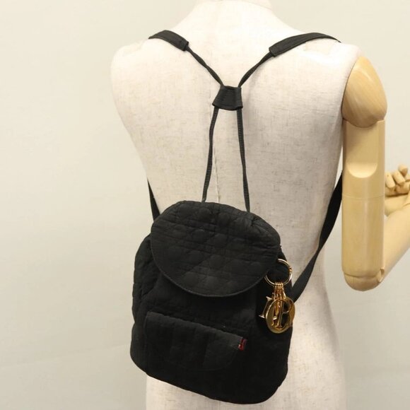 Christian Dior Lady Dior Backpack Nylon Black Gold Auth